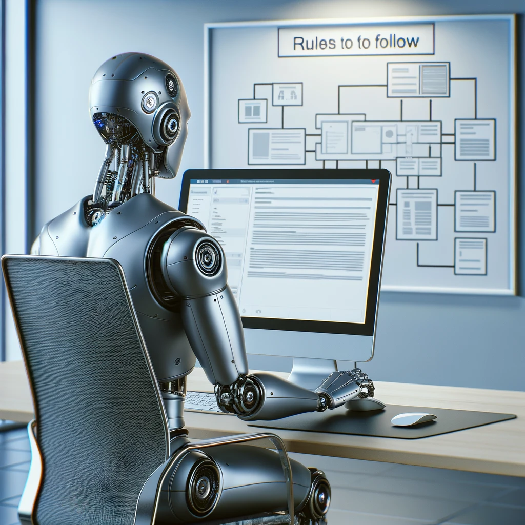 a robot sitting at a desk in front of a computer, he is holding the mouse. The display shows a form with illegible text. Off to the side there's a big whiteboard that says 'rules to follow' with a flowdiagram. can the viewpoint be such that we see the screen the robot is looking at? the screen should show only a form with illegible text.